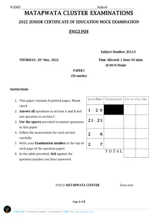 2022 Matapwata Cluster JCE English Paper I Mock - Preview