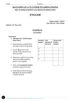 2022 Matapwata Cluster JCE English Paper II Mock - Preview
