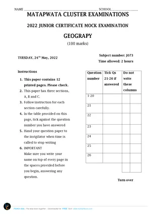 2022 Matapwata Cluster JCE Geography Mock - Preview