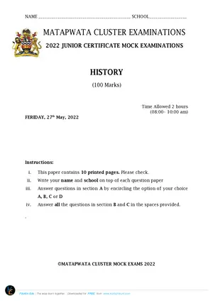 2022 Matapwata Cluster JCE History Mock - Preview