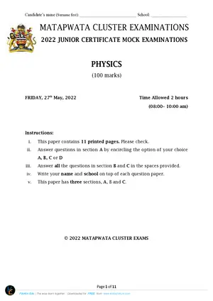 2022 Matapwata Cluster JCE Physics Mock - Preview