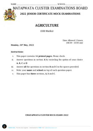 2022 Matapwata Day Secondary JCE Agriculture Mock - Preview