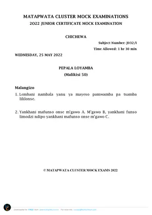 2022 Matapwata JCE Chichewa Paper I Mock - Preview