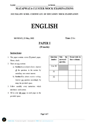 2022 Matapwata MSCE English Paper I Mock - Preview