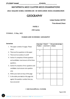 2022 Matapwata MSCE Geography Paper II Mock - Preview