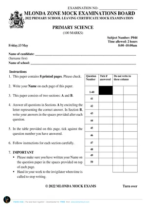 2022 Mlonda Zone PSLCE Primary Science - Preview
