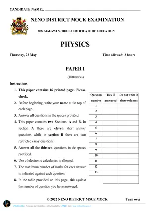 2022 Neno MSCE Physics Paper 1 - Preview