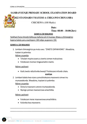 2022 Sambanyenje Standard 5 Term 1 Chichewa Past Paper - Preview
