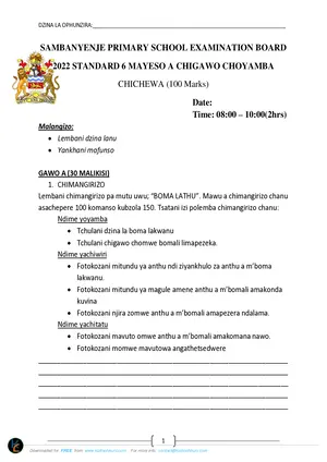 2022 Sambanyenje Standard 6 Term 1 Chichewa Past Paper - Preview