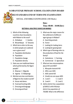 2022 Sambanyenje Standard 6 Term 1 Social and BK Past Paper - Preview