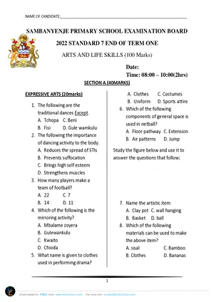 2022 Sambanyenje Standard 7 Term 1 Arts and Life Skills Past Paper - Preview
