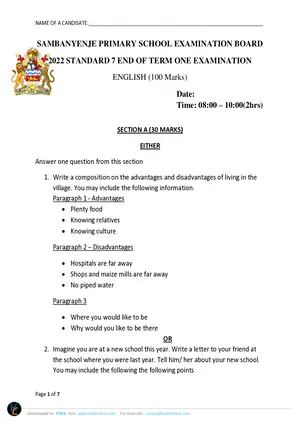2022 Sambanyenje Standard 7 Term 1 English Past Paper - Preview