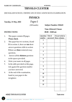 2022 Thyolo Cluster MSCE Physics Paper I Mock - Preview