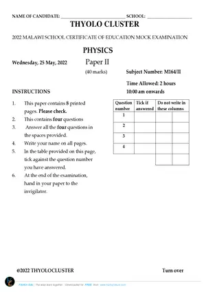 2022 Thyolo Cluster Physics Paper II Mock - Preview