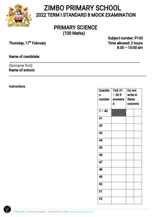 2022 Zimbo Standard 8 Term 1 Primary Science Mock - Preview