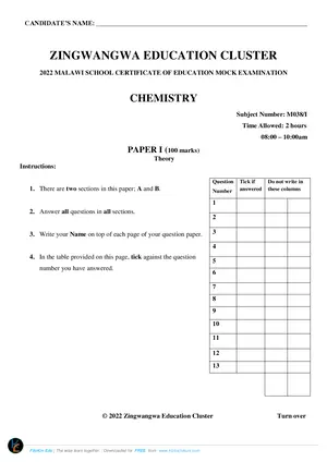 2022 Zingwangwa Cluster MSCE Chemistry Paper I Mock - Preview