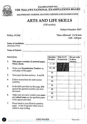 2022 MANEB PSLCE Arts and Life Skills Past Paper - Preview