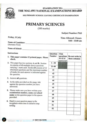 2022 MANEB PSLCE Primary Science Past Paper - Preview