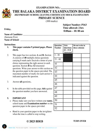 2023 Balaka District PSLCE Mock 1 Primary Science - Preview
