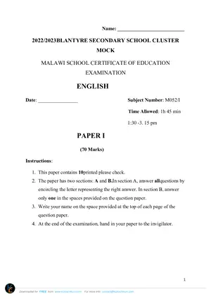 2023 Blantyre Secondary School (BSS) MSCE English Paper I Mock - Preview