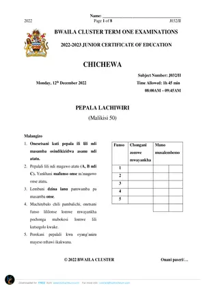 2023 Bwaila Cluster JCE Chichewa Paper II - Preview