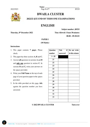 2023 Bwaila Cluster JCE Form 2 Term 1 English Paper 1 with answers check green button - Preview