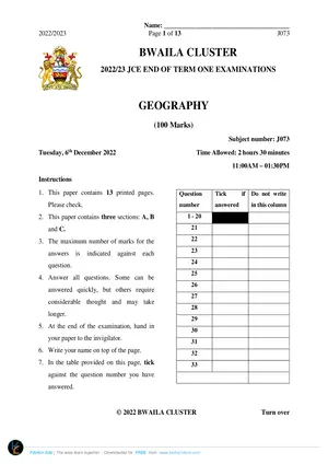 2023 Bwaila Cluster JCE Form 2 Term 1 Geography - Preview
