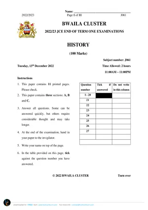 2023 Bwaila Cluster JCE History Paper - Preview