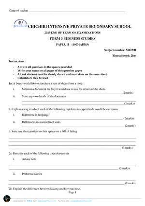 2023 Chichiri Intensive Pvt Form 3 Term 1 Business Studies Paper II Exam Paper - Preview