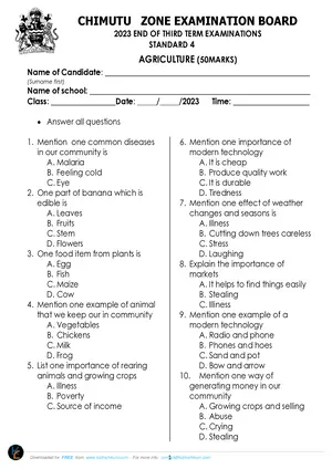 2023 Chimutu Std 4 Term 3 Agriculture (English) Past Paper - Preview