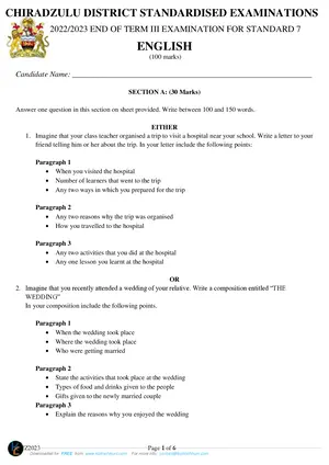 2023 Chiradzulu Boma Standard 7 Term 3 English Past Paper - Preview