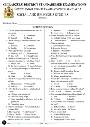 2023 Chiradzulu Boma Standard 7 Term 3 Social and Religious Studies CZSTD Past Paper - Preview