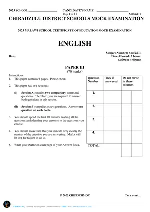 2023 Chiradzulu MSCE English Paper III - Preview