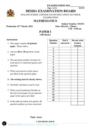 2023 DESHA MSCE Mathematics Paper I Past Paper - Preview