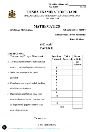 2023 DESHA MSCE Mathematics Paper II Past Paper - Preview
