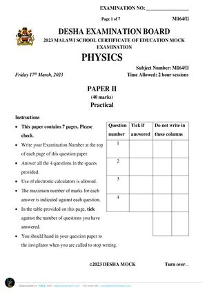 2023 DESHA MSCE Physics Paper II Past Paper - Preview