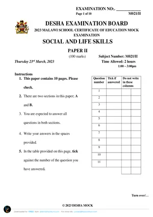 2023 DESHA MSCE Social and Life Skills Paper II Past Paper - Preview