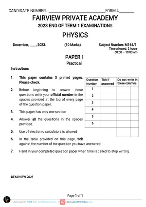 2023 Fairview Form 4 End of Term 1 Physics Paper II Practical - Preview