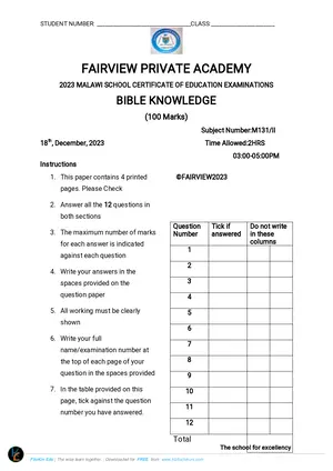 2023 Fairview MSCE Bible Knowledge Paper II - Preview