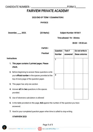 2023 Fairview Pvt Form 3 End of Term 1 Exams Physics Paper II Practical - Preview