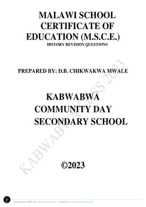 2023 Kabwabwa CDSS MSCE History Revision Questions by DB Chikwakwa Mwale (2023 Ed) - Preview
