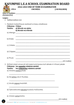 2023 Kafumphe Standard 4 Term 3 Chichewa Past Paper - Preview