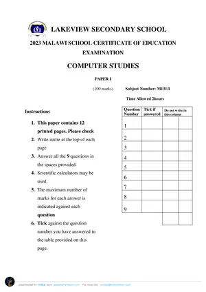 2023 Lakeview Form 4 Term 3 Computer Studies Paper I End of Term Examination - Preview