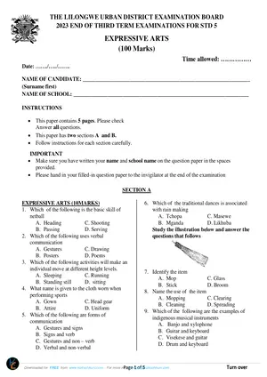 2023 Lilongwe Urban Standard 5 Term 3 Arts and Life Skills Past Paper - Preview