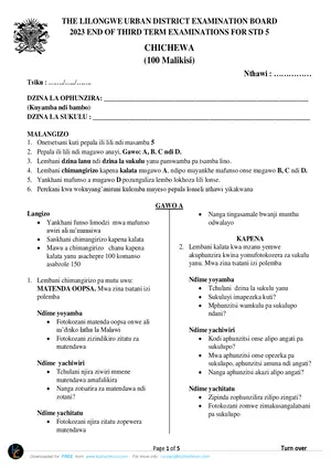 2023 Lilongwe Urban Standard 5 Term 3 Chichewa Past Paper with Answers - Preview