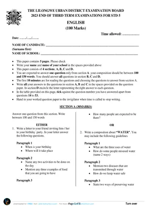 2023 Lilongwe Urban Standard 5 Term 3 English Past Paper - Preview