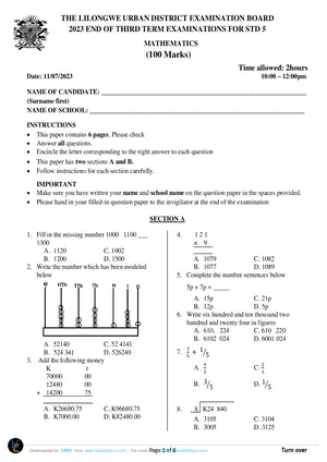 2023 Lilongwe Urban Standard 5 Term 3 Mathematics Past Paper - Preview