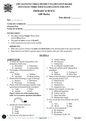 2023 Lilongwe Urban Standard 5 Term 3 Primary Science Past Paper - Preview