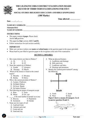 2023 Lilongwe Urban Standard 5 Term 3 Social and Religious Past Paper - Preview