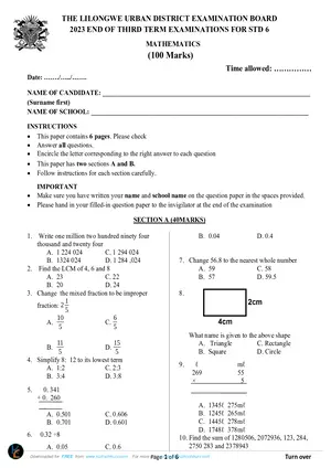 2023 Lilongwe Urban Standard 6 Term 3 Mathematics Past Paper - Preview